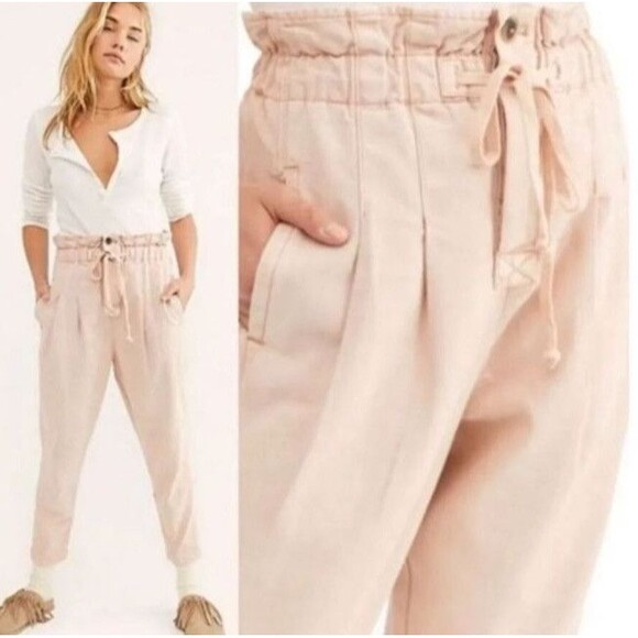 Free People Margate Pants  XS Pink Pleated Trouser Paperbag Tie Waist Boho Crop - Picture 1 of 13